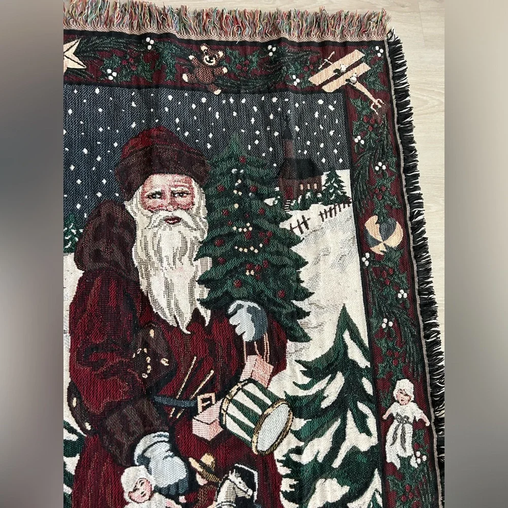 Vtg Goodwin Weavers Old World Santa Woven Blanket Victorian Christmas Throw USA